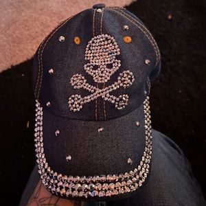 rhinestoned skull blue jean material hat